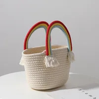Lovely Rainbow Cloud Handbag Handmade Cotton Woven Bags Seaside Holiday Beach Bag Straw Weave Bag Kids Girls Fashion Accessories 2