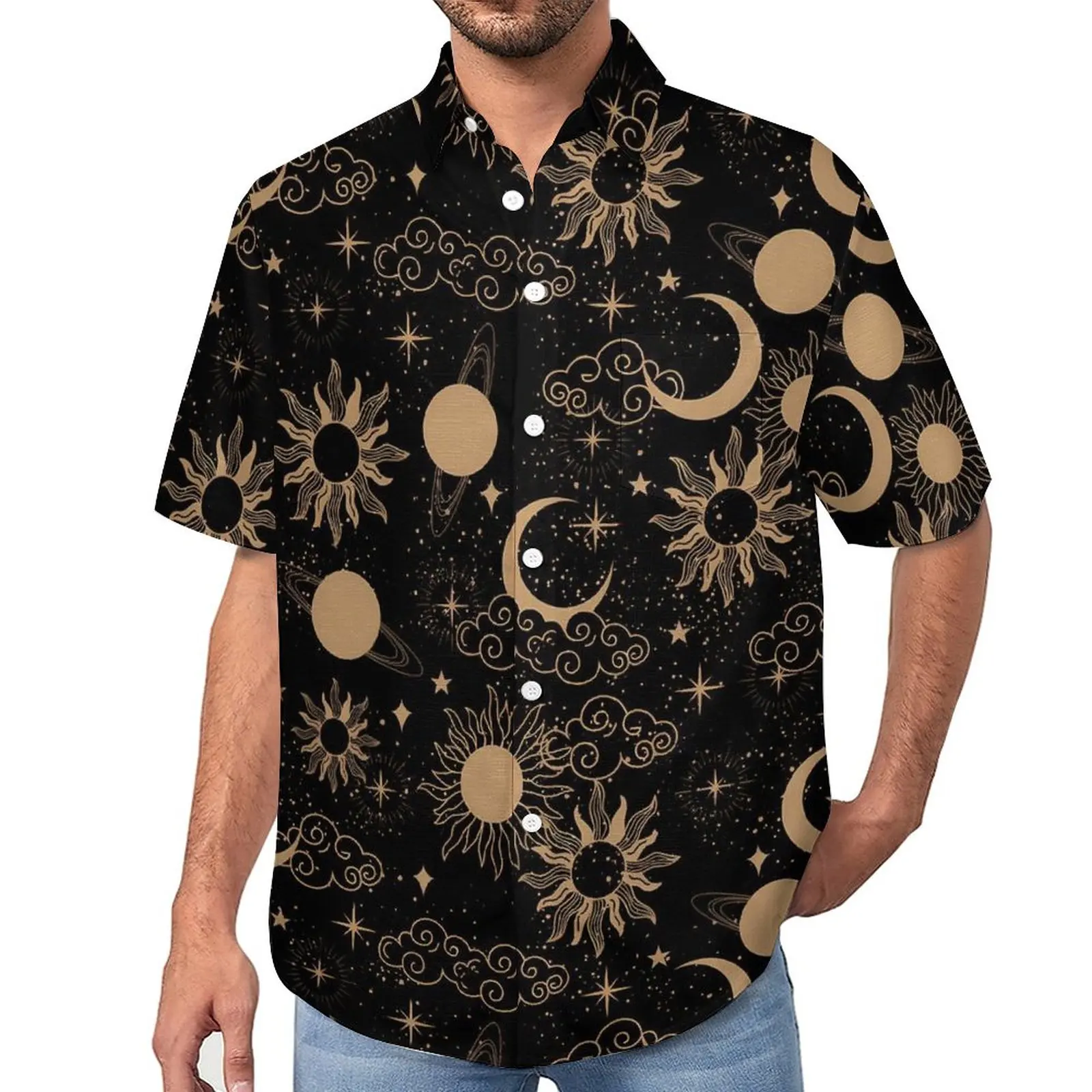 Sun Moon Stars Hawaii Shirt For Men Unique Cute Floral 3D Print Vacation Casual Streetwear Short Sleeved Clothes Plus Size Spain