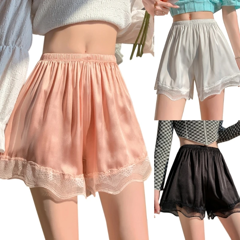 Women Cute Lace Shorts Loose Solid Stretchy Underwear Shorts Safety Pants Loose Anti-glare Under Skirts Mid Thigh