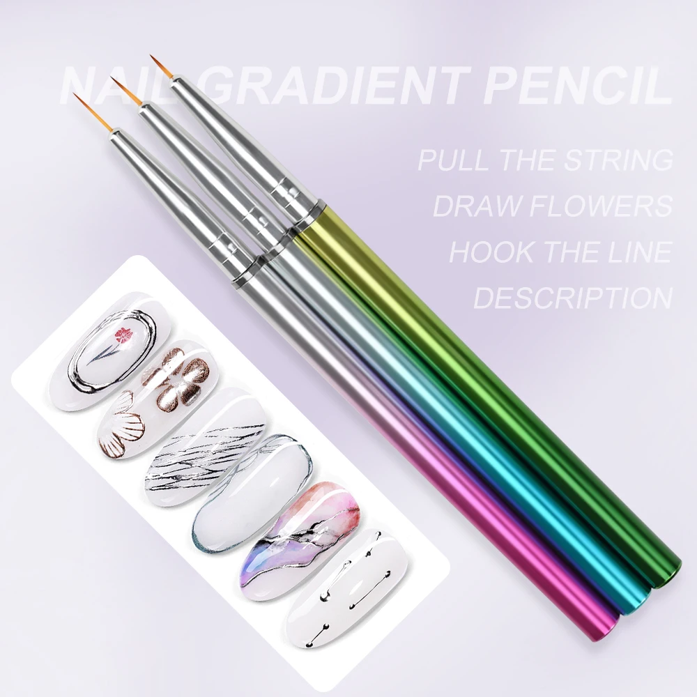 (6mm/8mm/10mm)Nail Art Liner Brushes 3Pcs UV Gel Painting Nail Art Design Brush Gradient Metal Hand Lever Nail Drawing Pen Set 5