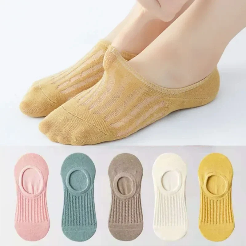 

5 Pairs/Lot Woman Hollow Out Pure Color Silicone Non-Slip Short Sock Thin Socks Loafer Low Cut Boat Breathable Invisible Socks