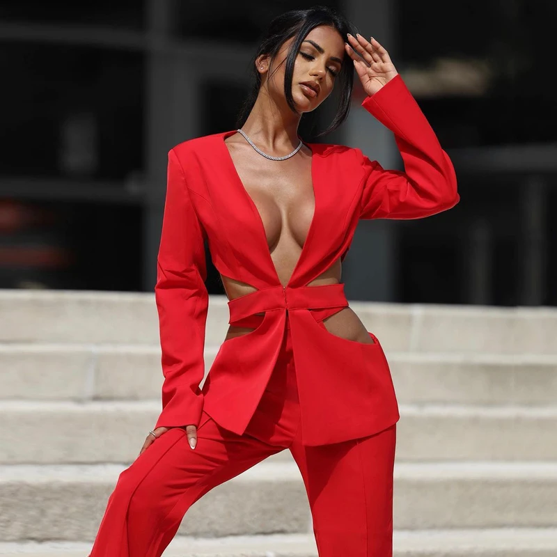 MSMUSI 2025 New Fashion Women Sexy Red V Neck Two Piece Set