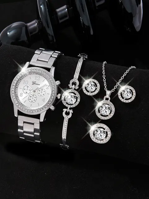 5 PCS Set Prata Relógio De Luxo Mulheres Anel Colar Brincos Rhinestone Moda Relógio De Pulso Feminino Relógios Casuais Pulseira Set