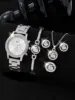 5 PCS Set Silver Luxury Watch Women Ring Necklace Earrings Rhinestone Fashion Wristwatch Female Casual Watches Bracelet Set 1