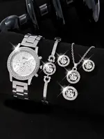 5 PCS Set Silver Luxury Watch Women Ring Necklace Earrings Rhinestone Fashion Wristwatch Female Casual Watches Bracelet Set 1