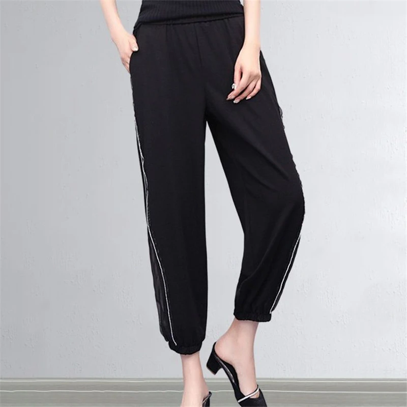 Y2K Clothes Women's Summer Sexy Sheer Mesh Patchwork Diamonds Harem Pants Korean Elegant Black Thin Ice Silk Trousers Pantalones