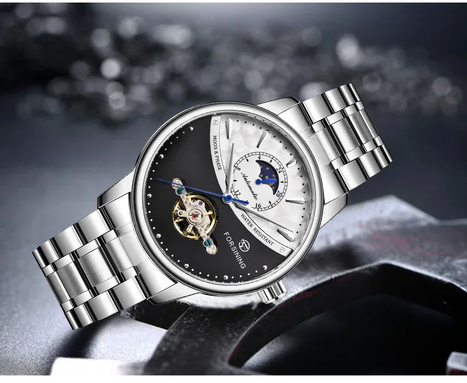 FORSINING Business Herren Automatikuhr Uhr Mondphase Tourbillon Wasserdicht Mechanische Stahlband Armbanduhr Relogio_voghion.com