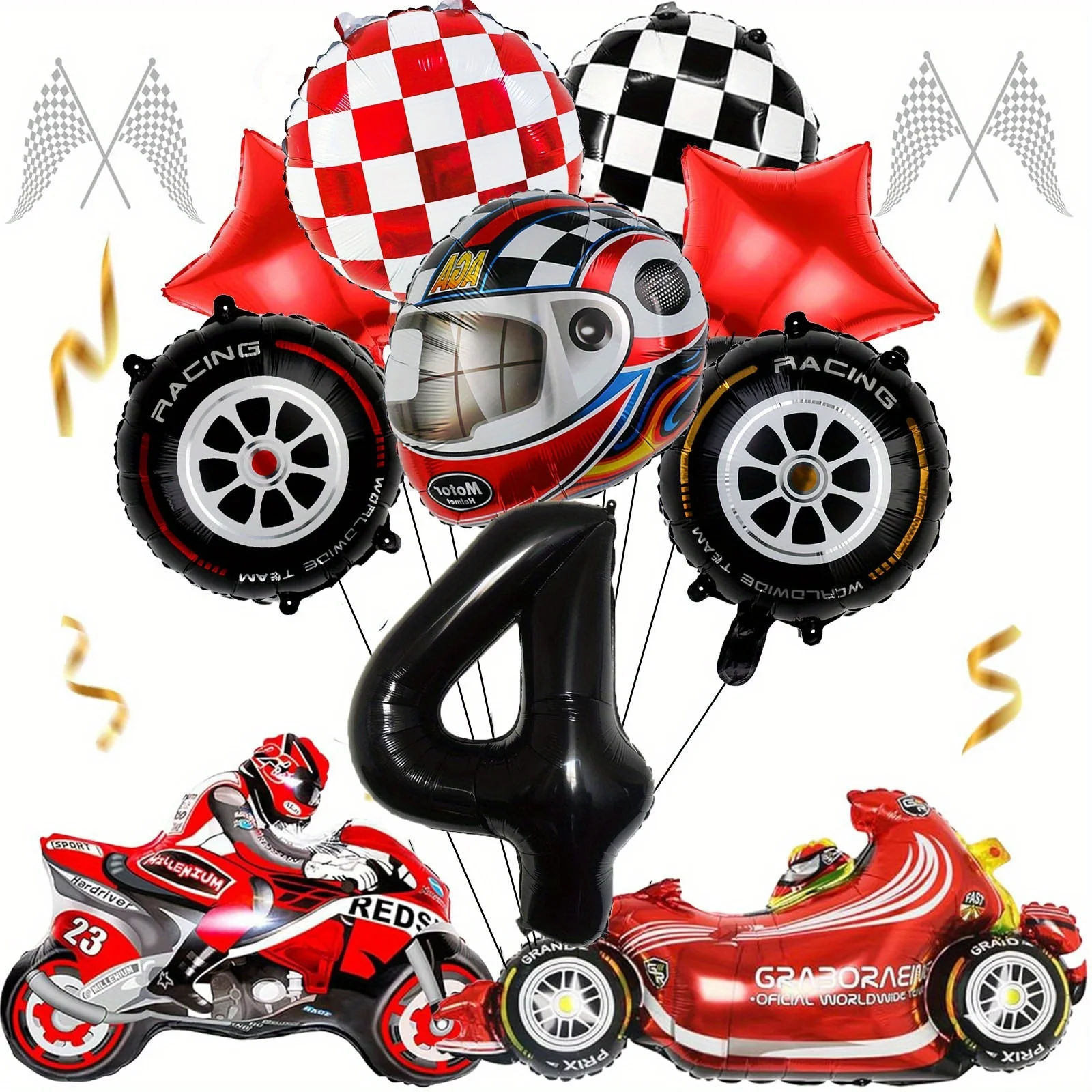 12-teiliges Rennwagen-Ballon-Geburtstags-Set für Jungen und Motorräder mit 32 Zoll, schwarzer Nummer 1–9 Ballon, Geburtstag, festliches Partyzubehör – Detail 5