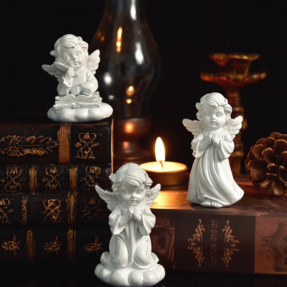Cute Resin Fairy Girl Angel Figurine Peaceful Prayer Sculpture Desktop Ornaments Retro Flower Fairy Small Decorative