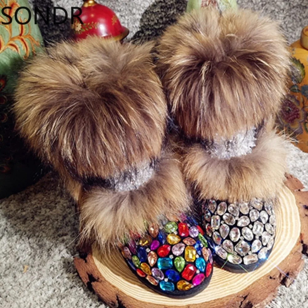 

Real Fox Fur Rainbow Colors Crystal Diamond Rhinestones Ankle Boots Womens Bowknot Snow Warm Winter Flats Bling Shoes