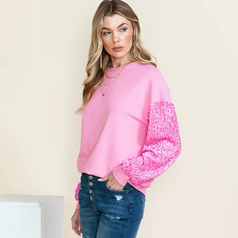 2024 New Women's Sequin Patchwork Pullover Long Sleeved Simple Versatile Colorful Sweatshirts O Neck Casual Tops NASY0002