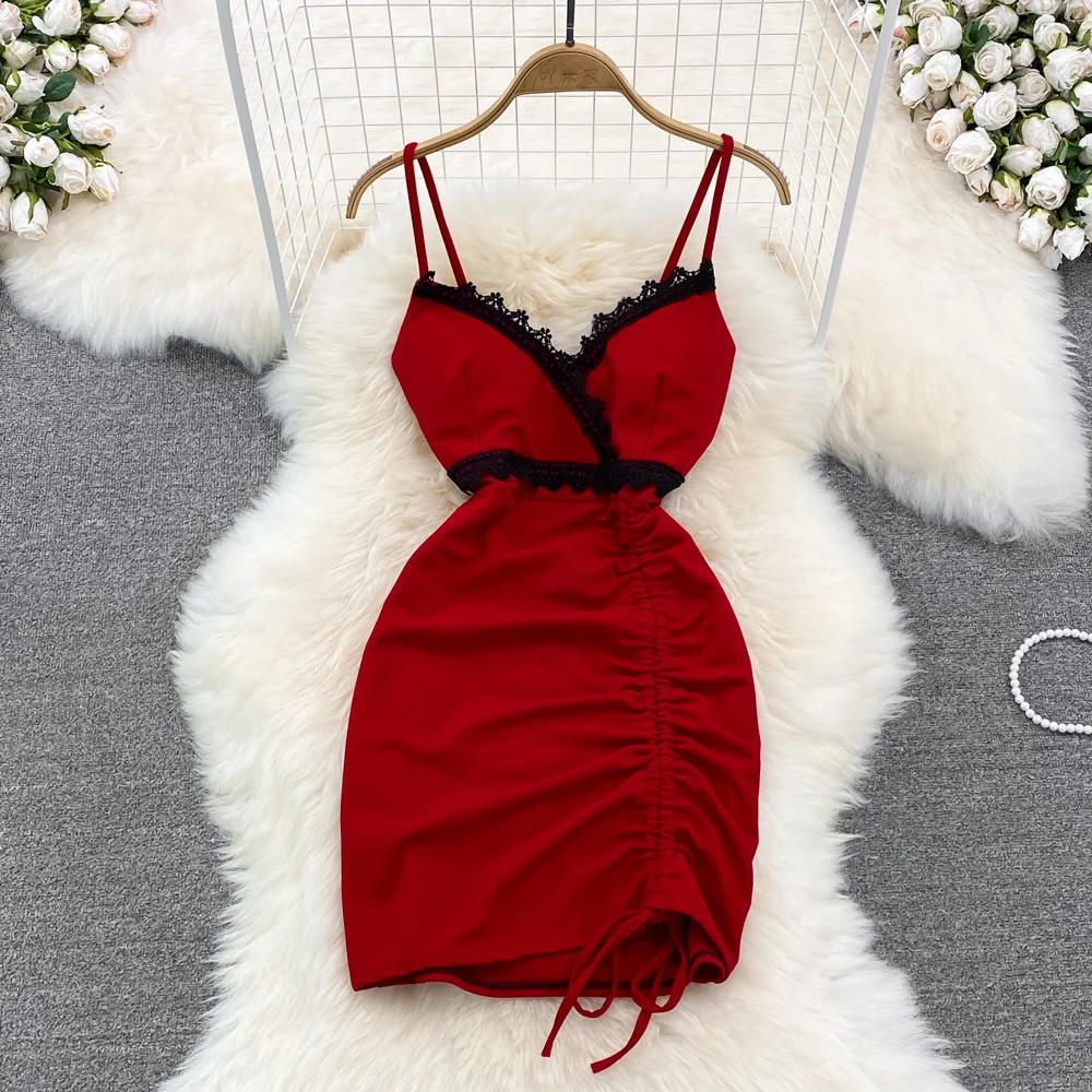 

Lace Club Dress For Women Sexy Lace Patchwork V-neck Sling Dress Skirt Summer New Fashion Sleeveless Wrap Hip Backless Dress