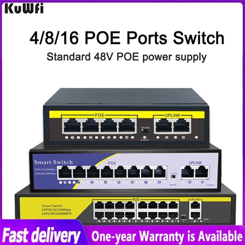 Kuwfi-ethernet Switch 48v Poe 16port 10 100mbps Ieee 802.3 af at para a Câmera ip Wireless ap Cctv Sistema de Segurança