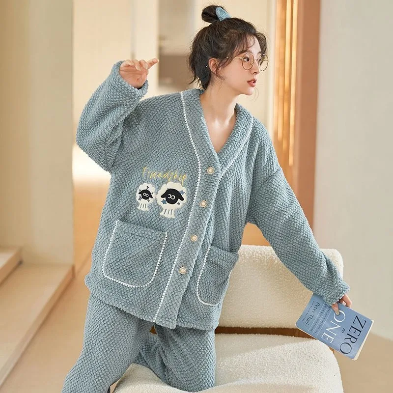 2024 New Autumn Winter Sleepwear Coral Velvet Pajamas Women Plush Warm Homewear Set V-neck Warm Ice Cream Velvet Loungewear
