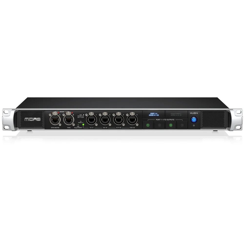 Midas HUB4 개인 모니터링 허브 (4 PoE 포트, AES50 연결, 아날로그 출력 및 디지털 믹서용 StageCONNECT 출력 포함)
