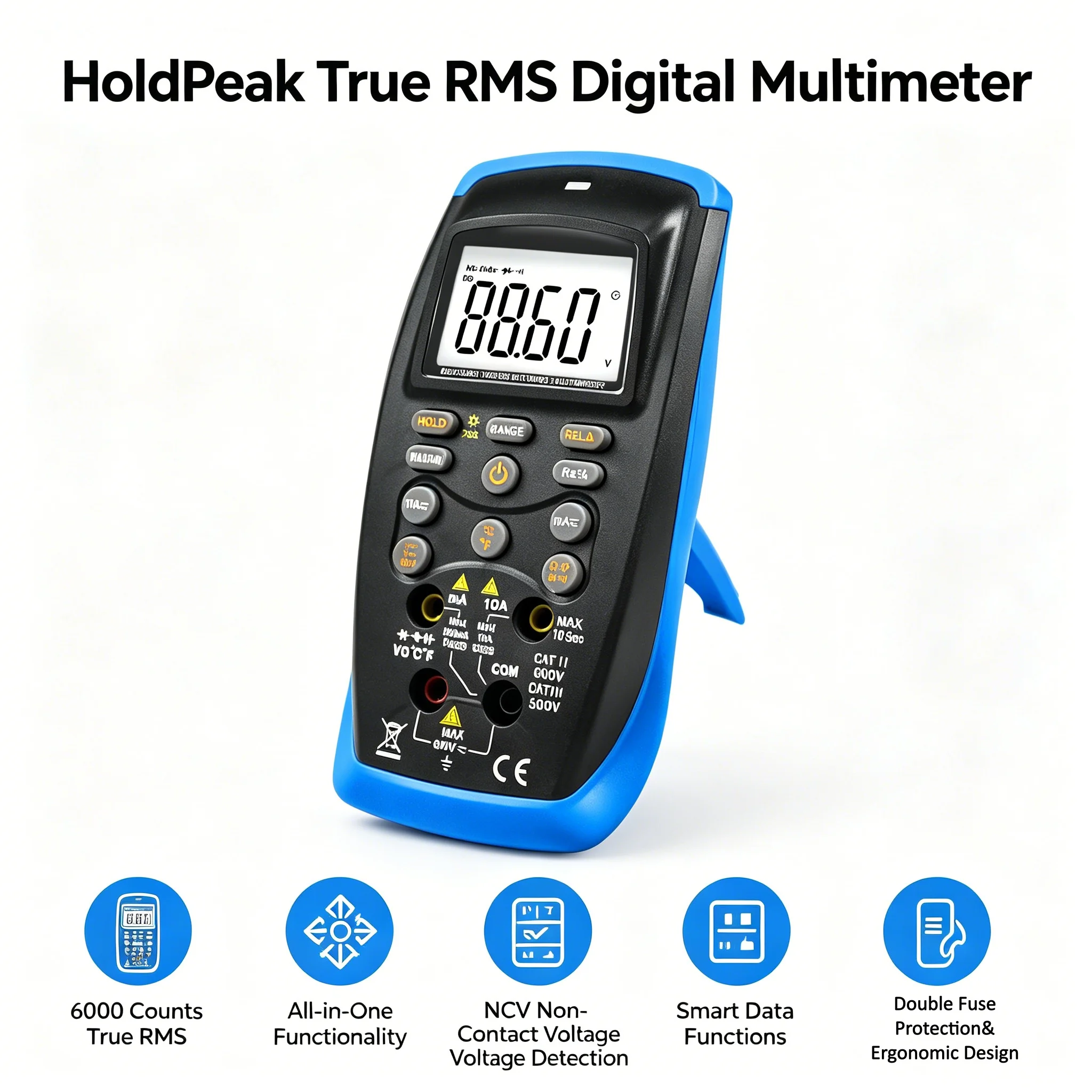 HoldPeak True RMS 디지털 멀티미터 6000카운트 NCV CAT II 600V 듀얼 퓨즈 HVAC 자동차 전기 기술자 DIY K형 열전대