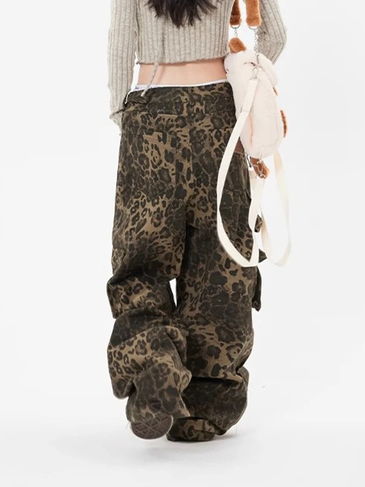 HOUZHOU Tan Leopard Cargo Pants Women Y2K Parachute Oversize Wide Leg Trousers Female Streetwear Hip Hop Vintage Harajuku Casual