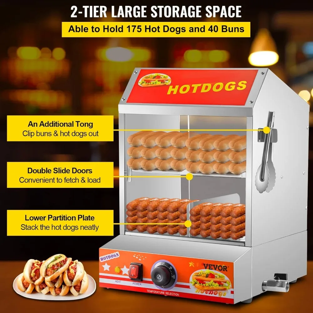 Hot Dog Steamer, 27L/24.52Qt, 2-Tier Hut Steamer for 175 Hot Dogs & 40 Buns, Electric Bun Warmer Cooker with Tempered
