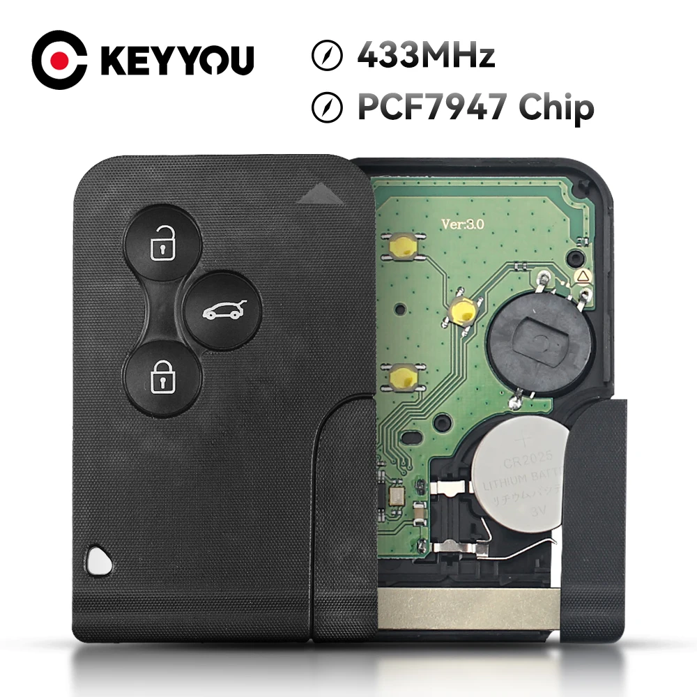 

KEYYOU For Renault Clio Logan Megane 2 3 Scenic Car Remote Key 3 Buttons ID46 PCF7947 Chip 433Mhz Smart Card Emergency Insert