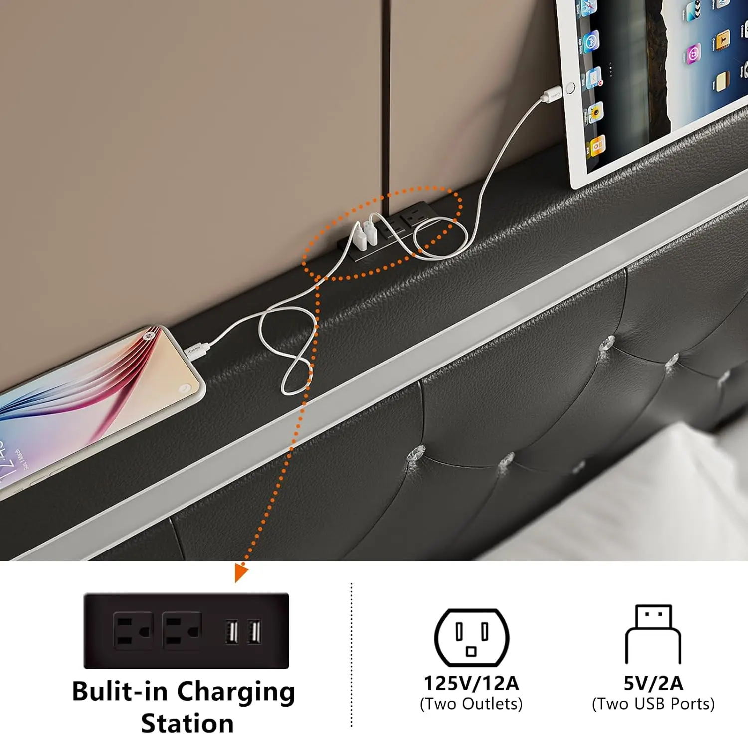 Queen Size Bed Frame with LED Lights, Upholstered Platform Bed Frame, Adjustable Headboard with Charging Station, Wooden Slats