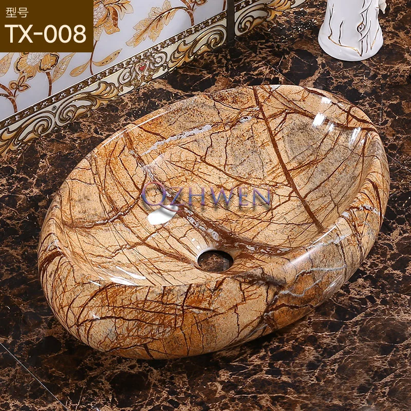 อ่างล้างหน้ารูปไข่ลายหินอ่อนสำหรับห้องน้ำ อ่างเซรามิกทันสมัยและเรียบง่าย เหมาะสำหรับโรงแรม ระเบียง และห้องน้ำ 1