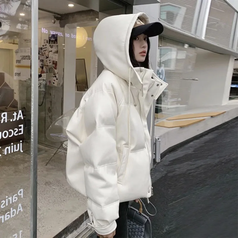 

Winter Warm Thick PU Leather Coats Women Short Parkas Fashion Cotton Padded Lady Down Jacket Elegant Zipper Clothes 2023