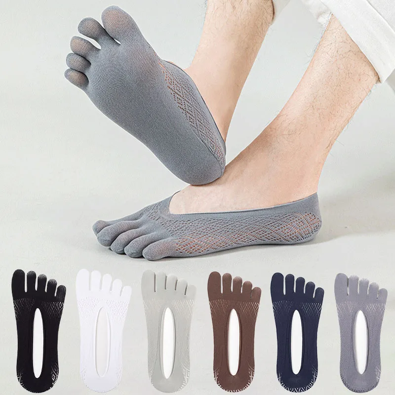 

5Pairs Men Socks with Fingers Summer Ultra-thin Breathable Invisible Toe Silk Socks Elastic Men's Ankle Sock Silicone Non-slip