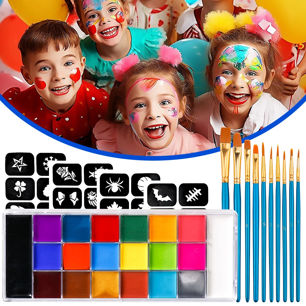 20 Color Face Body Paint Palette,10 Brush + 4 Paint Stencils Ideal for Halloween Cosplay Party SFX Stage Makeup Painting Kit