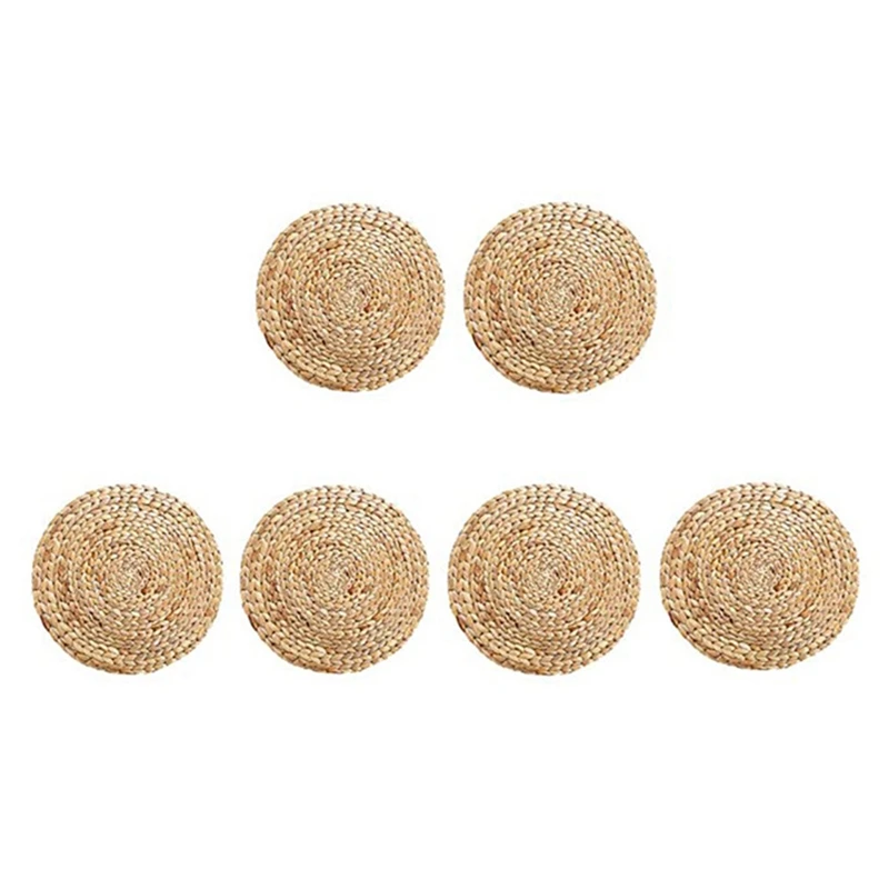 

Round Woven Rattan Placemats, Natural Wicker Mats, Water Hyacinth Straw Braided Placemats, Set Of 6