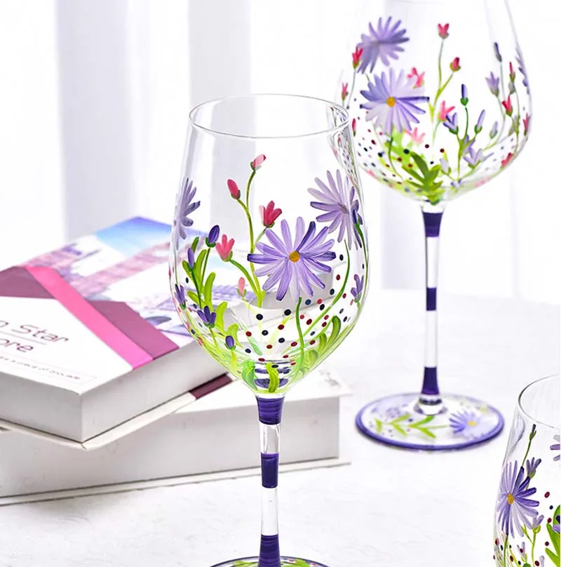 Creative Hand Painted Red Wine Glass Flower Pattern Wine Cup Cocktail Champagne Flutes Crystal Goblet Home Bar Wedding Drinkware