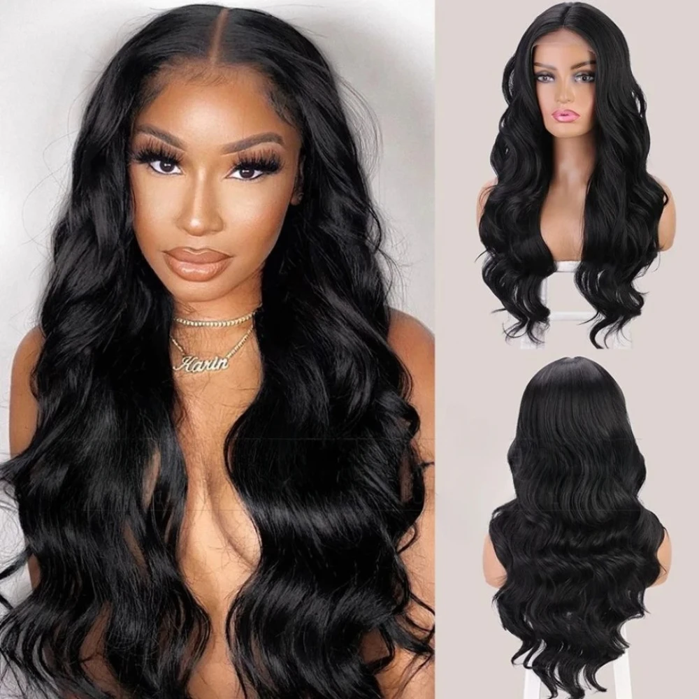 

Long Black Wigs for Women Synthetic Long Curly Wig Middle Part Heat Resistant Fiber Wigs 28Inch