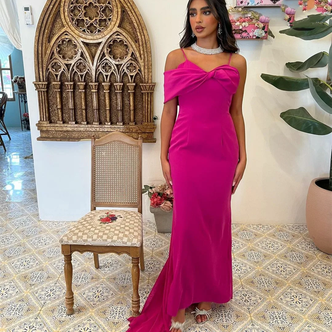 

Elegant Long Crepe Fuchsia Evening Dresses Mermaid Spaghetti Small Train Prom Gowns Robes de soirée Party Dress for Women