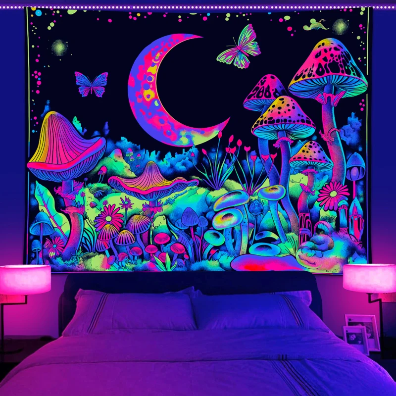 1pc UV reactive mushroom tapestry plant flower starry sky tapestry moon phase butterfly neon light effect tapestry