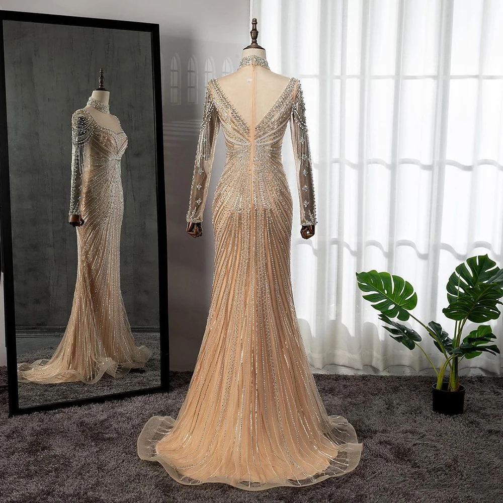 Serene Hill Nude Muslim Beaded Tassel  Mermaid Dubai Arabic Evening Dresses Gowns Luxury 2023 For Women Wedding Party LA71533