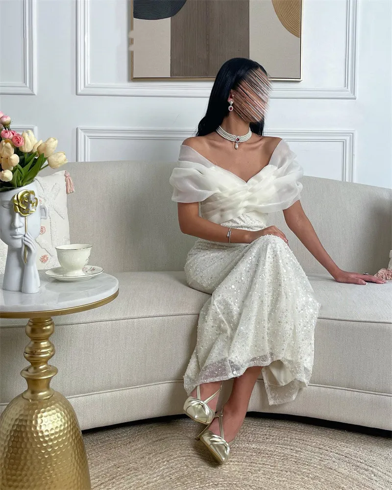 

White Off The Shoulder Prom Dress Short Sleeves With Ankle -Length Evening Summer Elegant Party Dress For Women2023