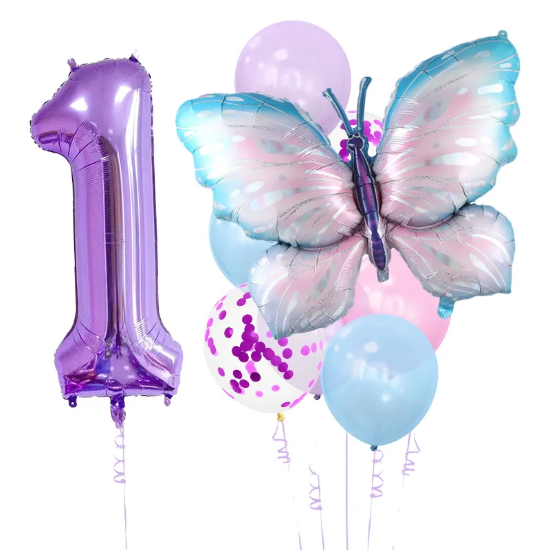 

10pcs Butterfly Foil Number Balloon Set Kids Girl 1st Butterfly Theme Birthday Party Decoration Supply Baby Shower Helium Globos