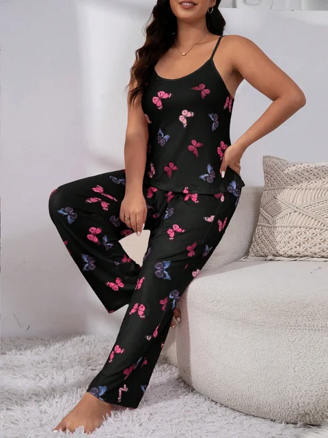 Ensemble de pyjama noir à imprimé papillon pour femme, haut précieux doux, pantalon long avec nœud, grande taille, sommeil confortable 4