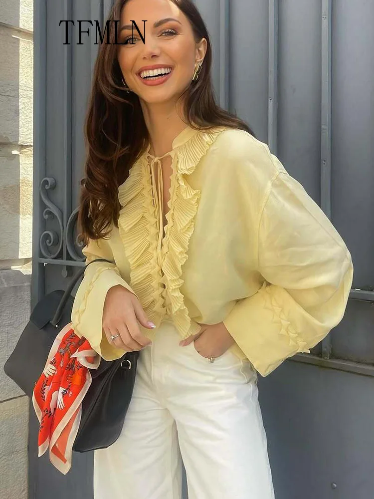 TFMLN 2025 Summer Tierred Ruffles Blouse For Women Fashion Lace Up V-neck Loose Causal Tops High Street Oversize Long Sleeve Top