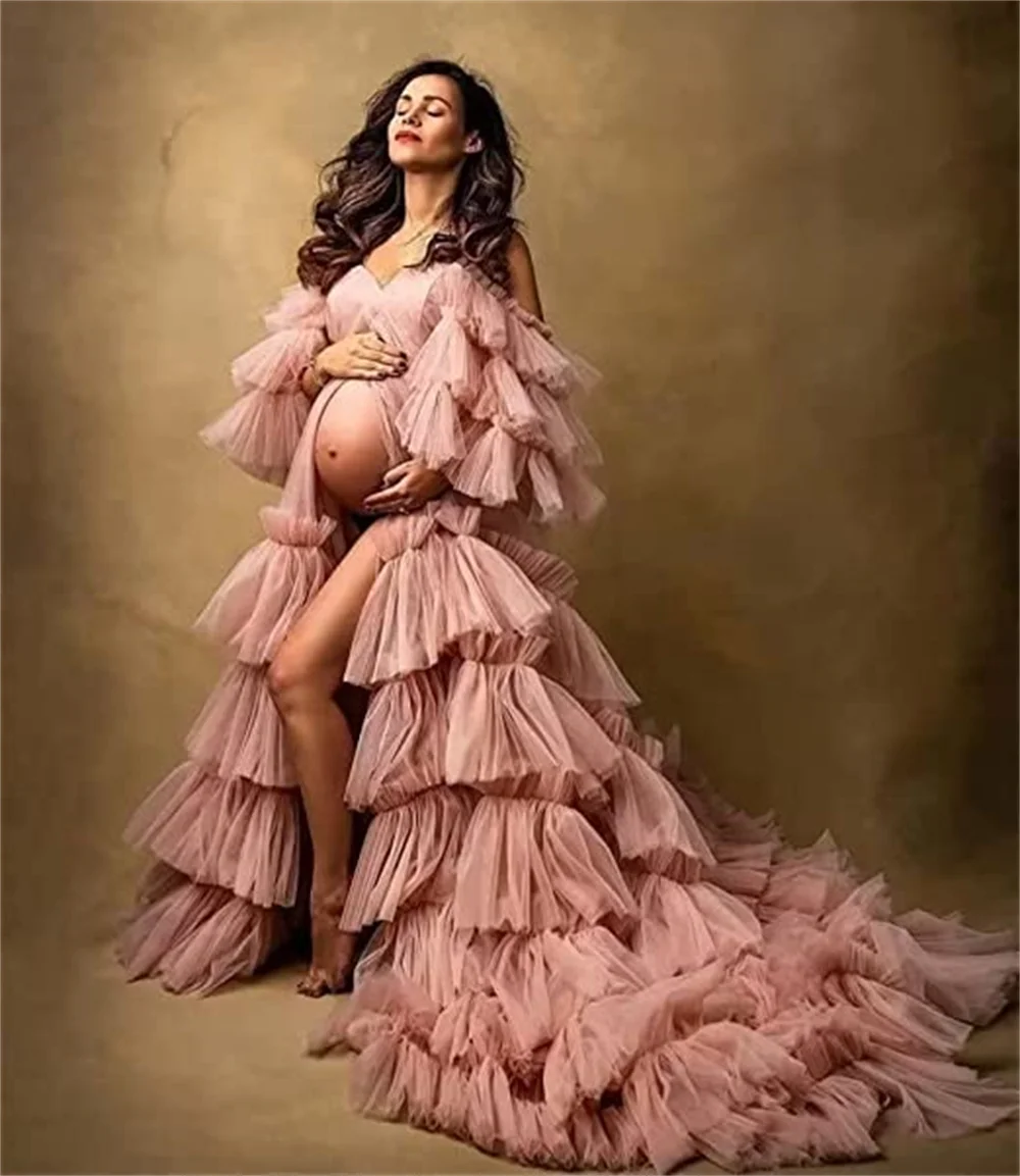 Puffy Tulle Robe Maternity Dresses for Photoshoot Long Sheer Bridal Lingerie Off Shoulder Baby Shower Pregnancy Gowns