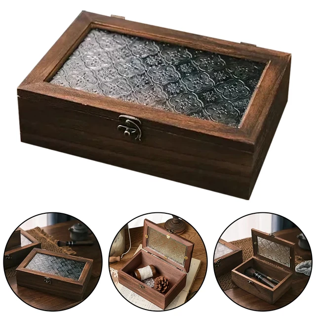 Nordic Retro Solid Wood Storage Cabinet Haitang Flower Glass Storage Box  Desktop Sorting Flipping Wooden Box Decor - AliExpress