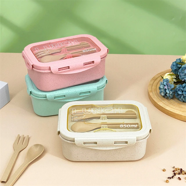 Boîte à déjeuner divisée de 850ml, boîte à Bento Portable de grande capacité pour micro-ondes avec fourchette et cuillère, récipient de stockage des aliments pour le Camping scolaire 2