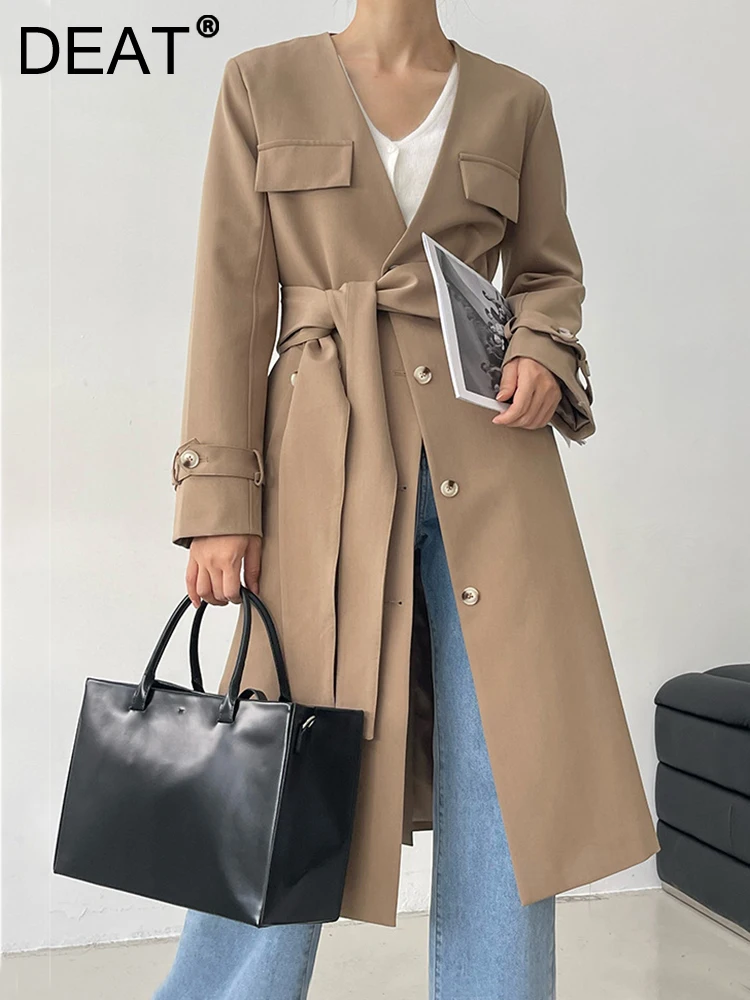 

DEAT Fashion Women Trench Coat Removable Lapel Lace-up Waist Pocket Full Sleeve Single Breasted Windbreak Autumn 2024 New 7AB252