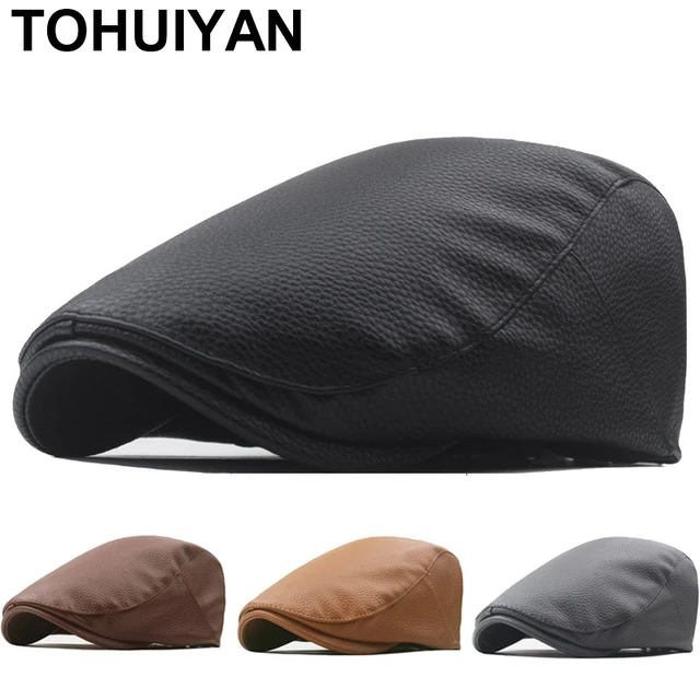 New Cold Weather Mens Caps Solid Faux Leather Berets Hats Outdoor