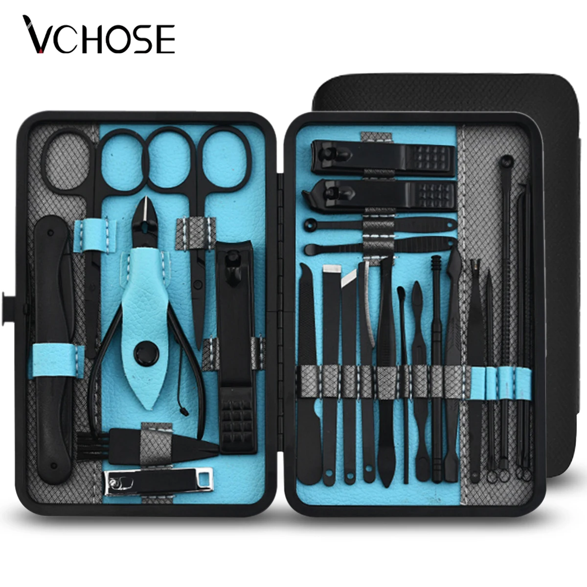 Stainless Steel Nail Clipper Set, With Black Leather Travel For Men And Women Manicure Kit Pedicure Care Nail Art Tool