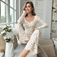Sleepwear Women Floral Print Lettuce Trim Top with Long Pant Lovely Loungewear Full Sleeve Nightwear Spring Autumn Pajamas Set - Image 3