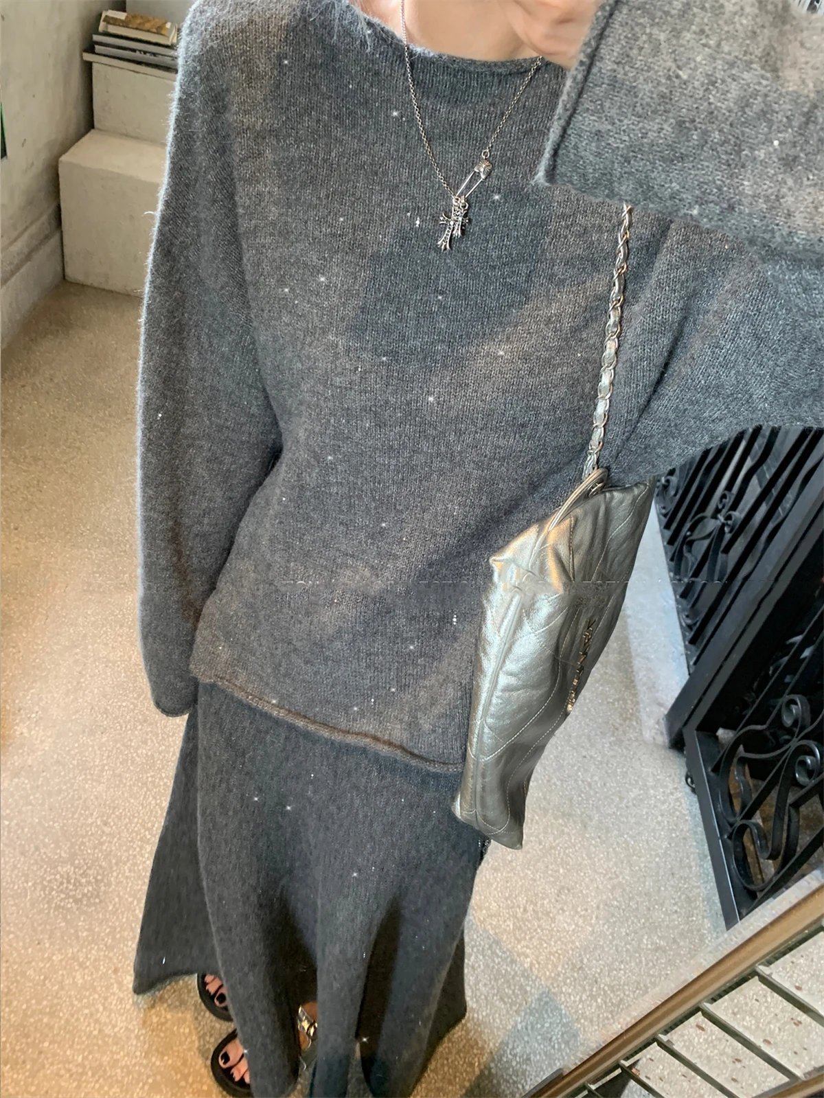 Sexy Soft Elegant Vintage Women Suits 2 Pieces Female Sets Slash Neck Sweater & Midi Dress Bling Knitted TrackSuit