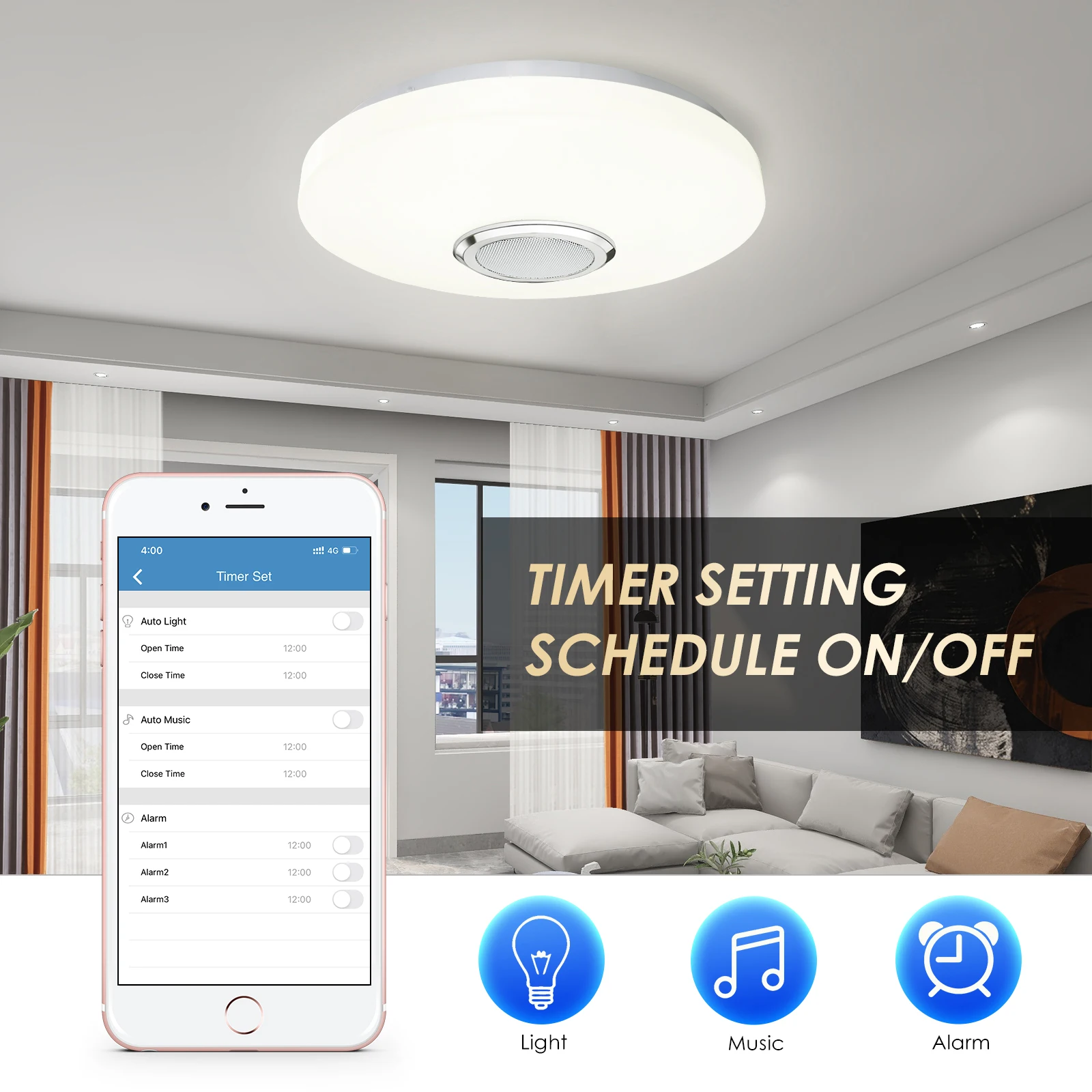 Plafonnier LED rond avec télécommande intelligente, lumière d’ambiance, lumière à intensité réglable, avec minuterie, i