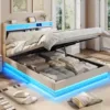 Queen Size Lift Up Bed Frame, Storage Headboard with Charging Station, LED Lights Upholstered Platform Bed, No Box Spring Needed 1