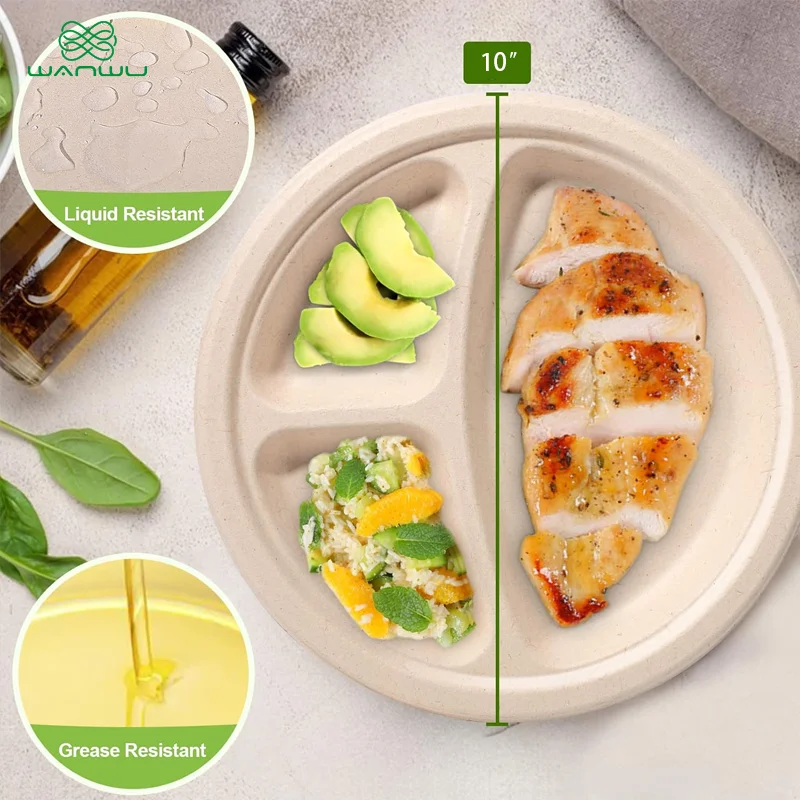 50 pcs 10 inch disposable paper plates, round with 3 compartments, made of eco-friendly plant fiber