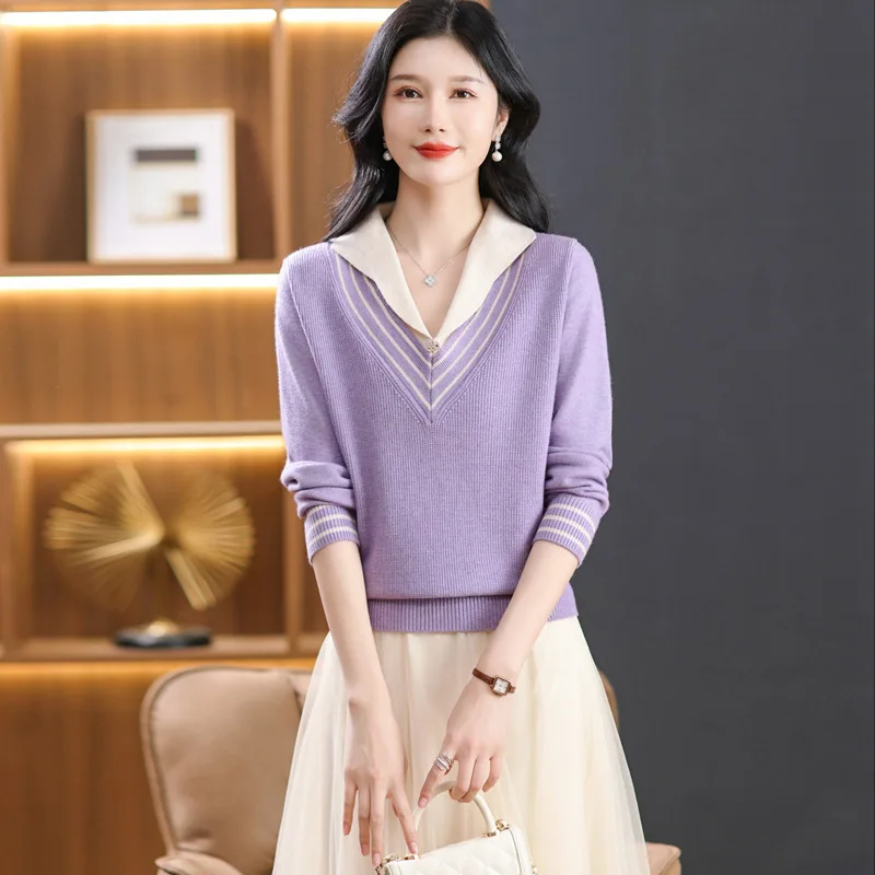 

Spring New Lapel Women's Knitwear Long Sleeve Pullover Stripe College Style Anti-Aging Sweater Wholesale